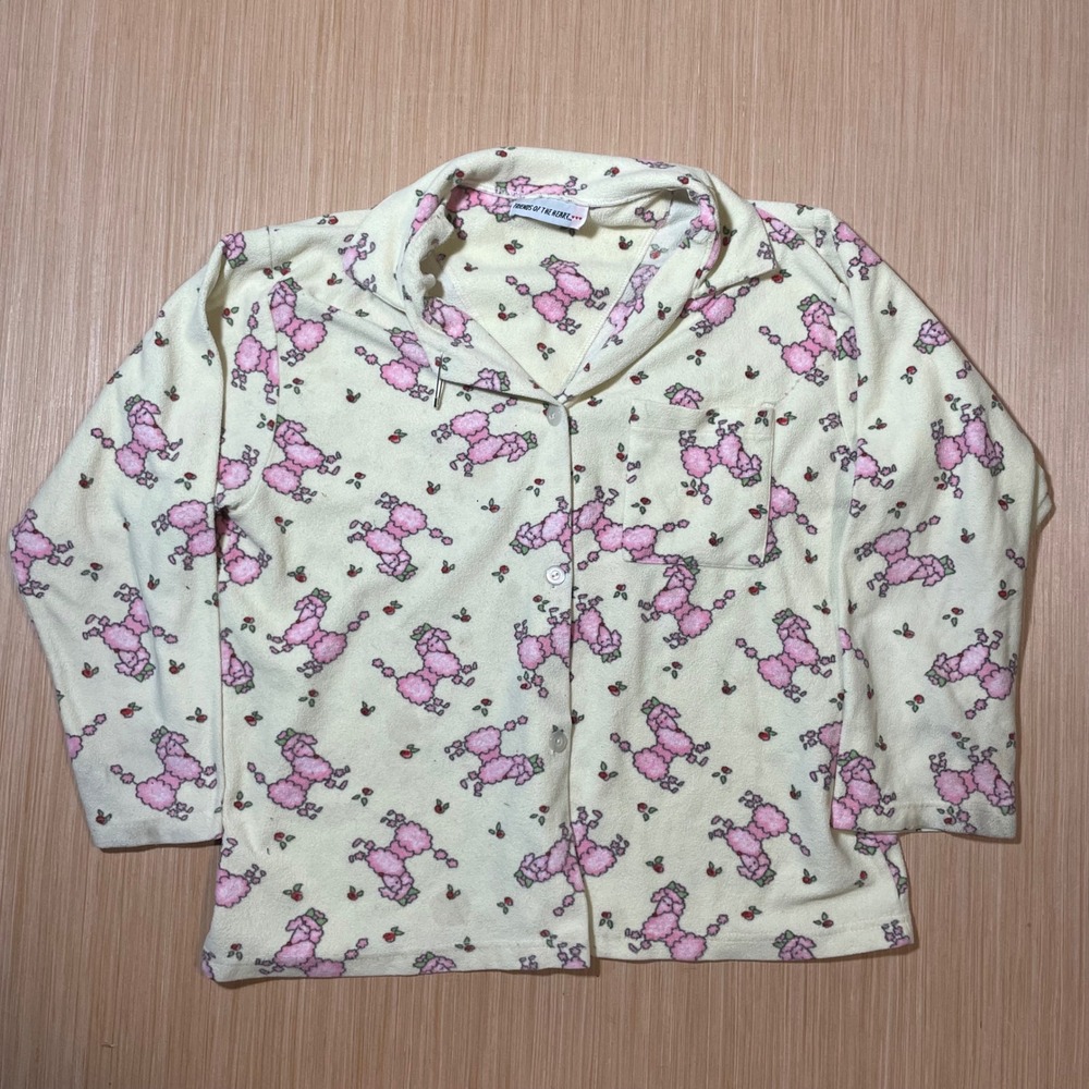 Friends of the Heart Pajama Top Women Cream Pink Poodle Fleece Button Up